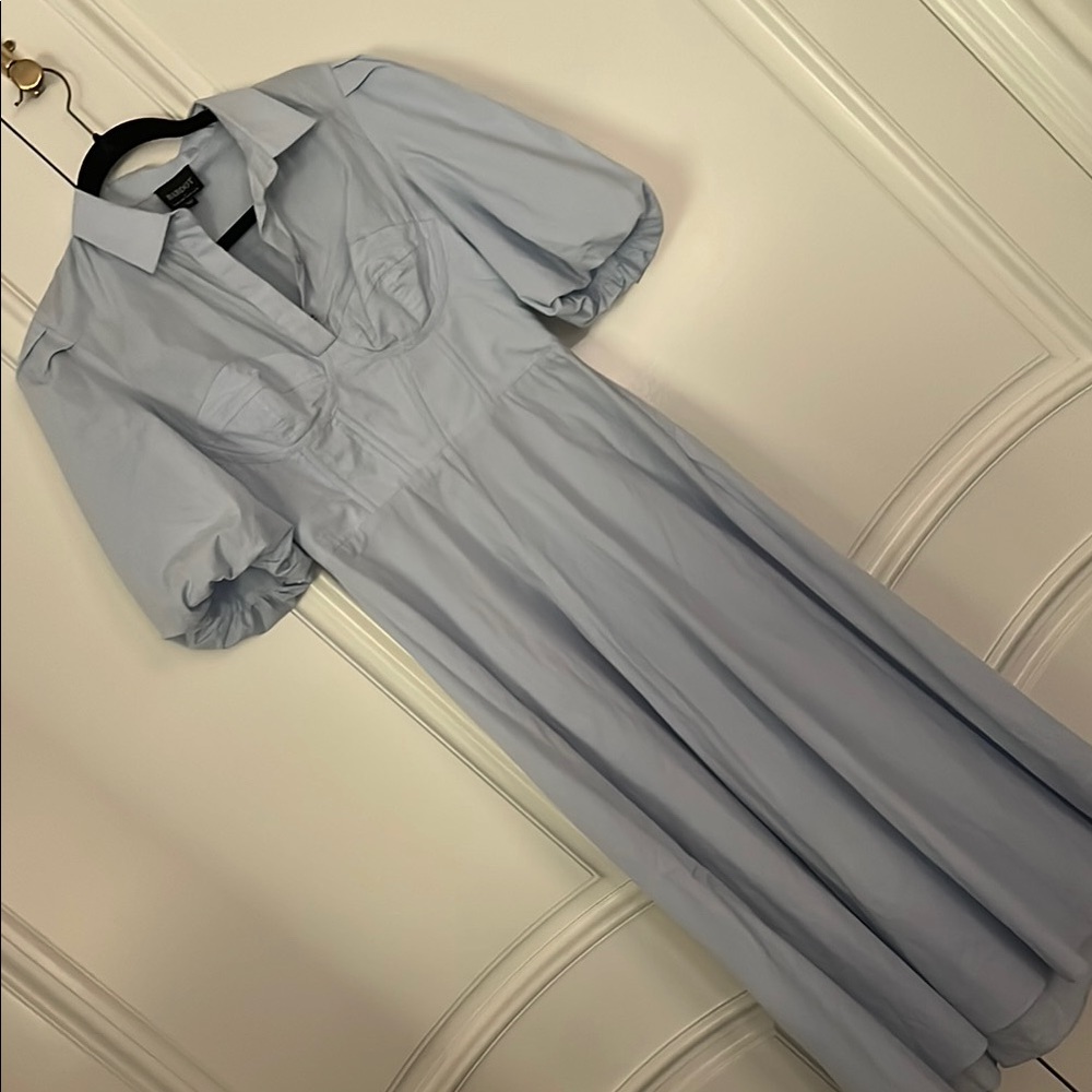 Bardot Blue Buttoned A-Line Dress with Puff Sleeves